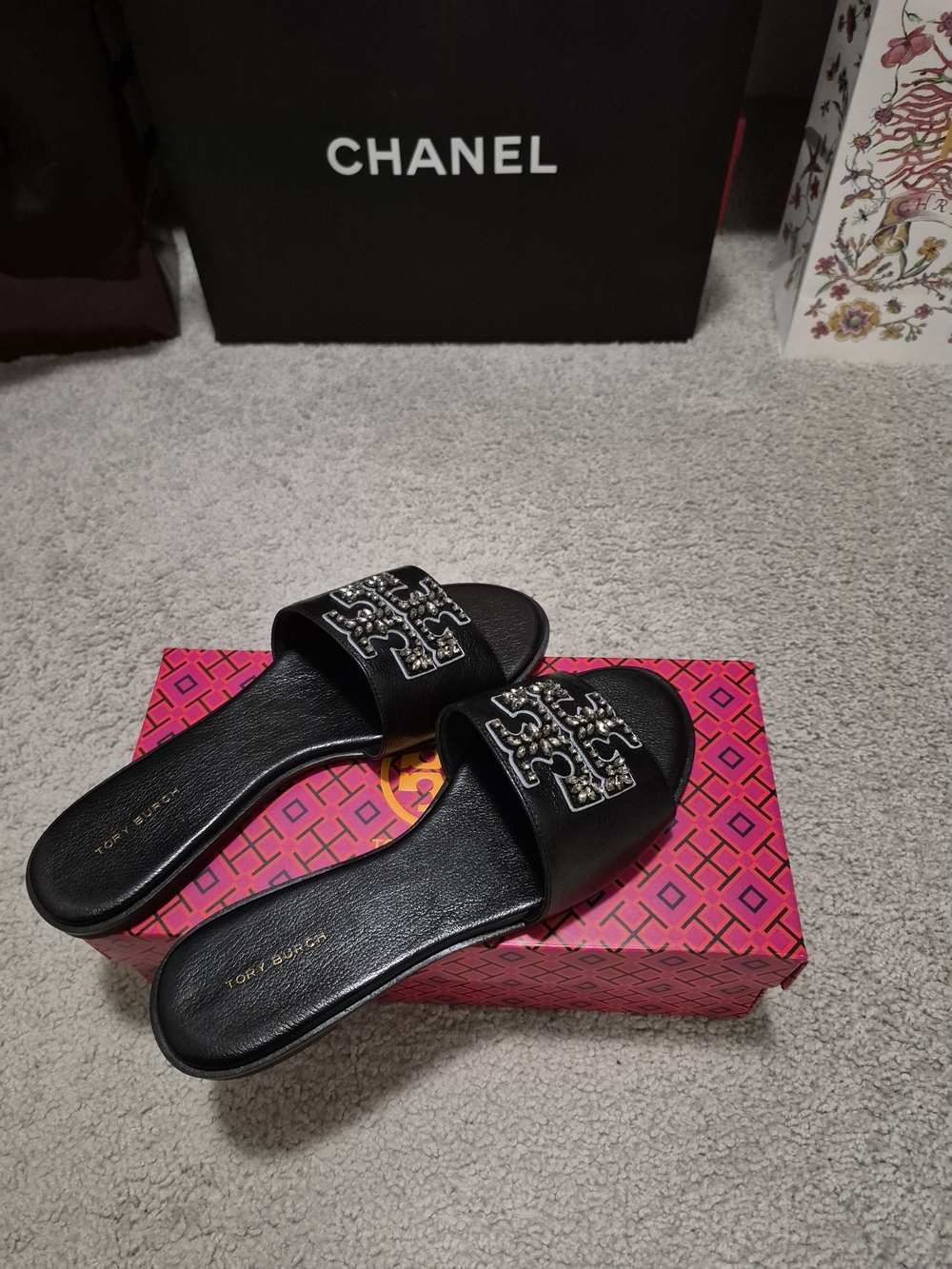 Tory Burch Black Leather Slide Mules with Crystal Logo